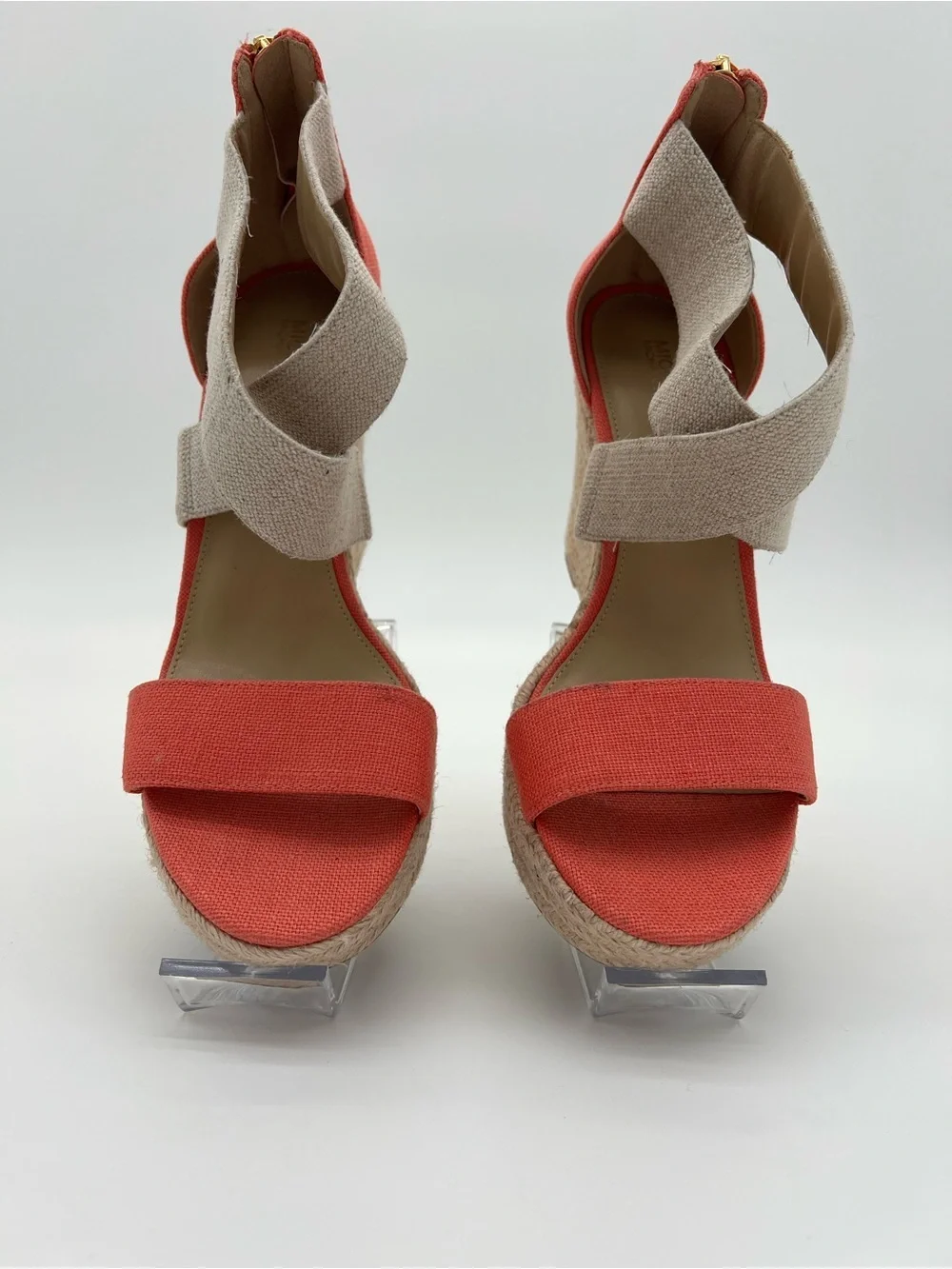 Michael Kors Coral and Natural Canvas Espadrille Wedge Sandals size 7.5